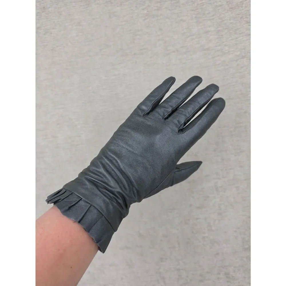 Mixit Metallic Gray Leather Driving Dress Gloves with Pleated Cuff